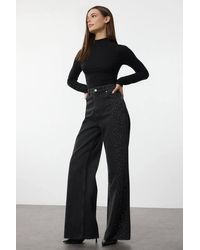 WOVCOR - High Waist Wide Leg Jeans W/ Rhinestone Detail - Lyst