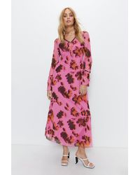 Warehouse - Floral Print Tie Front Flute Sleeve Midi Dress - Lyst