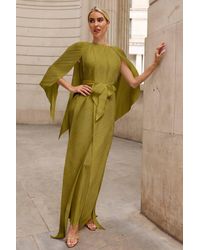 CY - Elegant Pleated Cape Sleeve Maxi Dress With Tie Waist - Lyst
