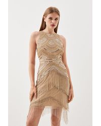 Karen Millen - Halter Neck Beaded And Embellished Woven Fringed Mini Dress - Lyst