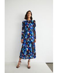 Warehouse - Abstract Pleated Puff Sleeve Maxi Dress - Lyst