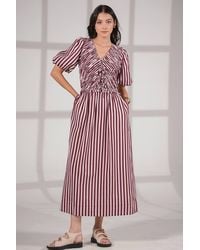 Rose & Nancy - Isla-Burgundy-And--Stripe-Short-Sleeve-Linen-Blend-Dress - Lyst