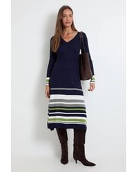 Wallis - Stripe Detail V Neck Pleated Skirt Knitted Midi Dress - Lyst