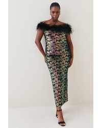 Karen Millen - Plus Size Sequin Bardot Feather Trim Midaxi Dress - Lyst