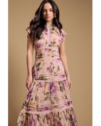 Oasis - Floral Printed Chiffon Lace Insert Dress - Lyst