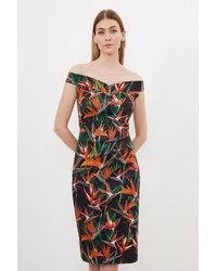 Karen Millen - Tailored Tropical Lily Print Cotton Sateen Bardot Midi Dress - Lyst