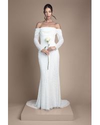 Coast - Honoured Sequin Draped Bardot Long Sleeve Maxi Wedding Dress - Lyst