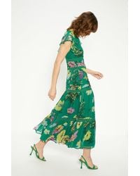 Oasis - Lace Trim High Neck Chiffon Floral Midi Dress - Lyst