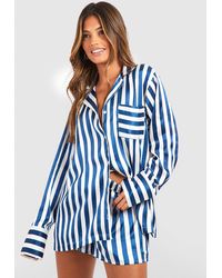 Boohoo - Oversized Contrast Stripe Pajama Shirt & Short Set - Lyst