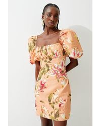 Karen Millen - Floral Viscose Linen Woven Puff Sleeve Mini Dress - Lyst