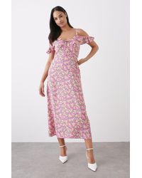 Dorothy Perkins - Pink Floral Print Cold Shoulder Midi Dress - Lyst