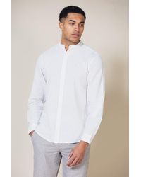 Nines - Linen Blend Long Sleeve Button-up Shirt With Grandad Collar - Lyst