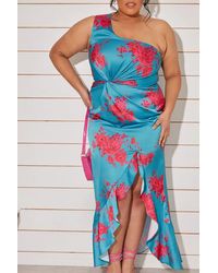 Chi Chi London - Plus Size One Shoulder Floral Printed Midi Dress - Lyst