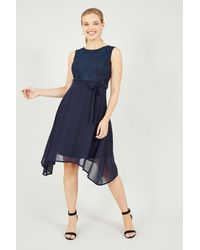Mela - Navy Lace And Woven Dipped Hem Dress - Lyst