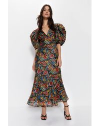 Warehouse - Floral Paisley Print Puff Sleeve V Neck Dress - Lyst