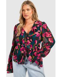 Boohoo - Plus Floral Print Ruffle Tie Front Boho Top - Lyst