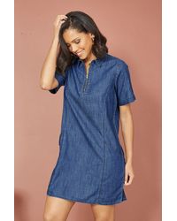 Yumi' - Blue Cotton Chambray Tunic With Zip Neckline - Lyst