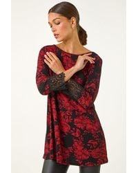 Roman - Floral Print Lace Trim Stretch Top - Lyst
