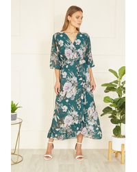 Yumi' - Teal Floral Wrap Midi Dress With Frill - Lyst