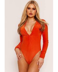 Stylewise - Twist Front Slinky Plunge Neck Long Sleeve Bodysuit - Lyst