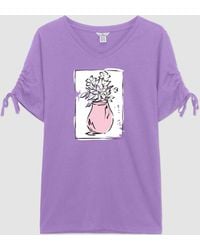 Enorsia - Ruched Sleeves Chest Printed T-Shirt - Lyst
