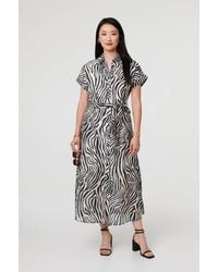 Izabel London - Zebra Print Tie Waist Midi Shirt Dress - Lyst