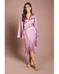 Coast - Satin Fringe Hem Wrap Waist Midi Dress - Lyst