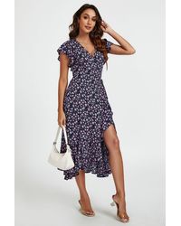 FS Collection - Floral Frill Sleeve Midi Wrap Dress - Lyst