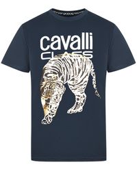 Class Roberto Cavalli - Large Gold Tiger Stencil Logo Navy T-shirt - Lyst