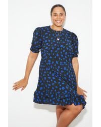 Dorothy Perkins - Curve Black Blue Rose Shirred Cuff Mini Dress - Lyst