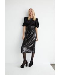 Warehouse - Puff Sleeve Velvet & Sequin Pencil Dress - Lyst