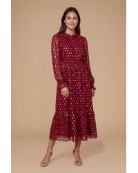 Dorothy Perkins - Petite Tie Neck Metallic Jacquard Blouson Sleeve Midaxi Dress - Lyst