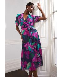 Wallis - Floral Silk Mix Wrap Midi Dress - Lyst