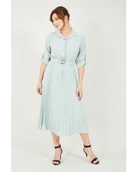 Mela - Sage Green Pleated Skirt Midi Dress With Gold Buckle - Lyst