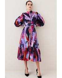 Karen Millen - Petite Silk Cotton Marble Pin Tuck Woven Maxi Dress - Lyst