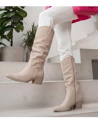 Love Lace - Block Heel Pointed Toe Suede Knee High Boots - Lyst