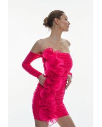 Karen Millen - Ponte And Mesh Rouched Organza Frill Bardot Mini Dress - Lyst