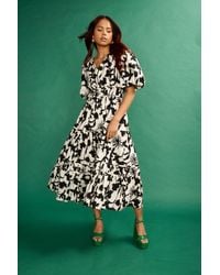 ANOTHER SUNDAY - Printed Midi Dress With Puff Sleeves In Mono - Lyst