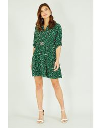 Mela - Green Animal Print Belted Shirt Dress With Gold Buckle - Lyst