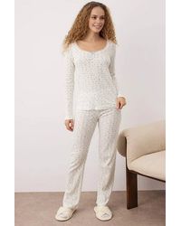 WOVCOR - Ditsy Floral Lace Trim Scoop Neck Long Sleeve Ribbed Pyjama Set - Lyst