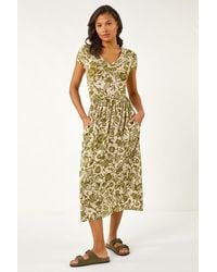 Roman - Floral Print Ruched Stretch Midi Dress - Lyst
