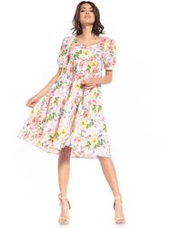 Love Lace - Floral Boat Neck Midi Dress With Puff Sleeves - Lyst