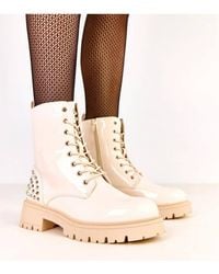 Love Lace - Stylish Patent Ankle Work Boots With Zip Closure Round Toe - Lyst