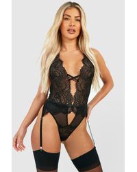 Boohoo - Lace Plunge One Piece - Lyst