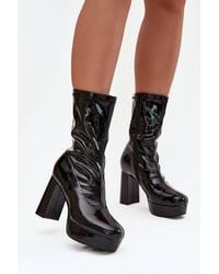 Love Lace - Shiny Ankle Boots With Block Heel Platform Zip Insulated - Lyst