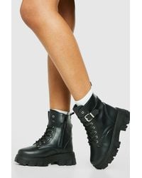 Boohoo - Chunky Sole Buckle Detail Lace Up Hiker Boots - Lyst