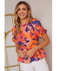 Chi Chi London - Puff Sleeve Floral Abstract Print Top - Lyst