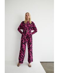 Warehouse - Animal Relaxed Sleeve Belted Jumpsuit - Lyst