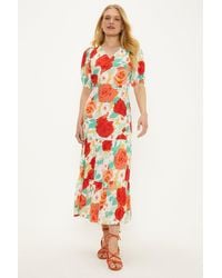 Oasis - Floral V Neck Shirred Midi Dress - Lyst