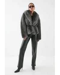 MissPap - Faux Fur Wide Collar Belted Jacket - Lyst